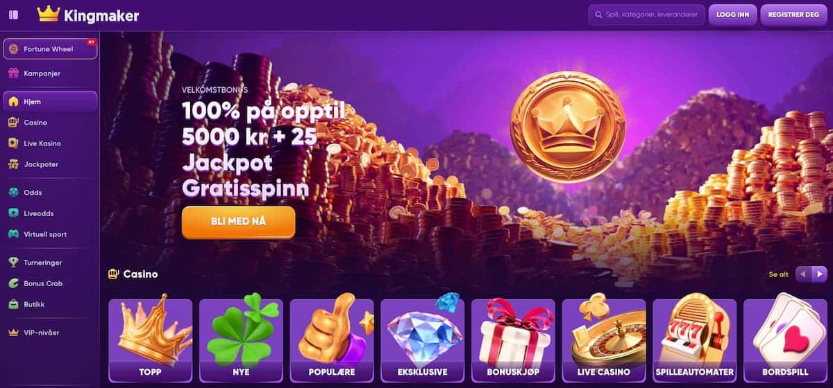 kingmaker casino med velkomstbonus på 100 % opptil 5000 kr + 25 Jackpot gratisspinn